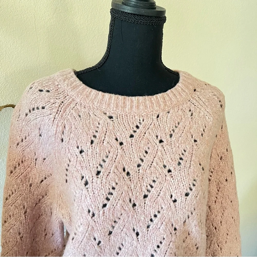 J. Crew Pointelle Crewneck Open Knit Pink Wool Sweater - Picture 2 of 8